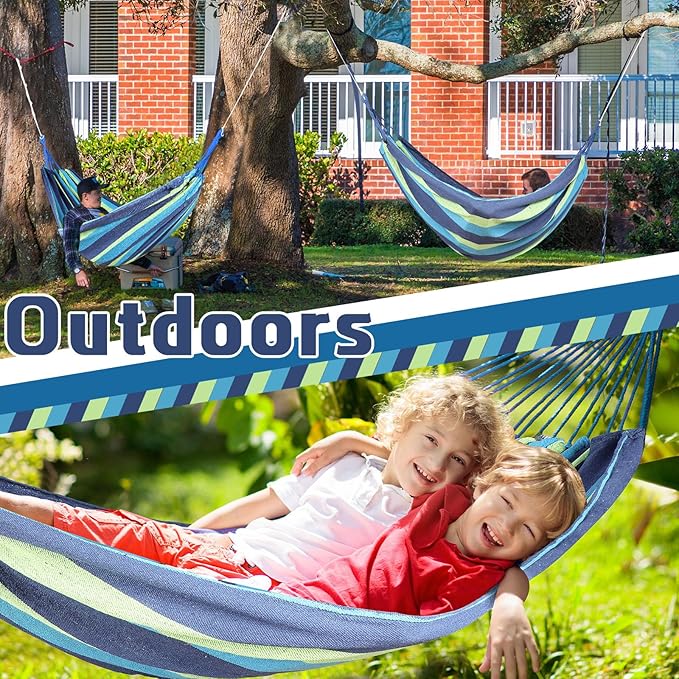 Windyun 2 Sets Cotton Canvas Hammock Large Double Hammock 400lbs Portable Camping Hammocks for Outside with Carrying Bag Sturdy Metal Knot Ropes and Tree Straps for Travel Patio Garden Backyard (Blue)