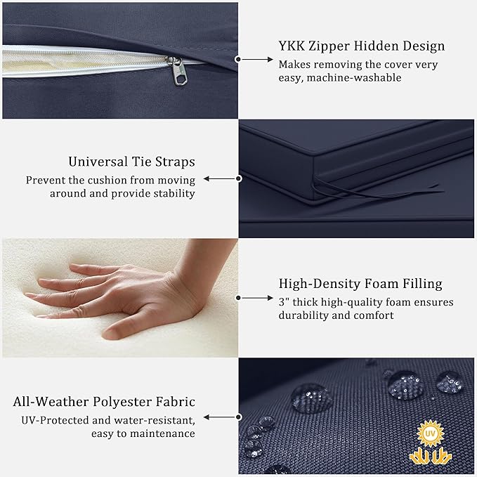 3 Pack Outdoor Replacement Cushions,36L x 18W x 3H,18L x 18W x 3H inch, High-Elastic Replacement Sponge for 4-Seater Water-Resistant Patio/Sofa with Removable Covers (Navy Blue)