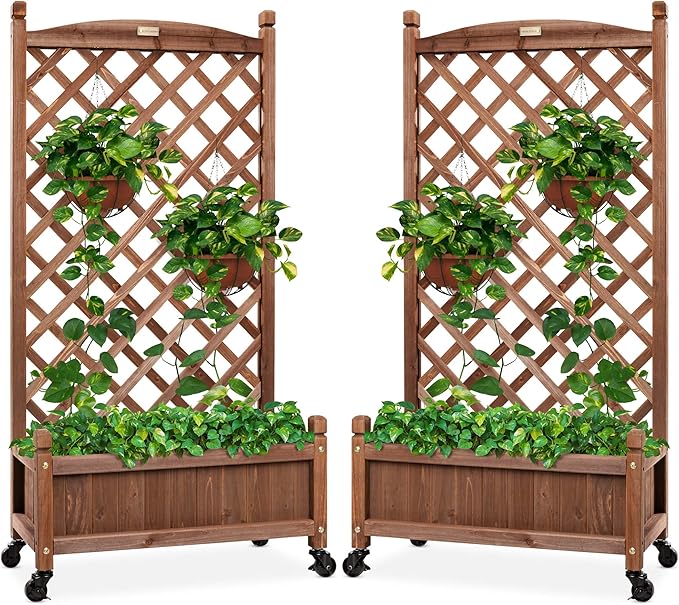 Best Choice Products Set of 2 48in Wood Planter Box & Diamond Lattice Trellis, Mobile Outdoor Raised Garden Bed for Climbing Plants w/Drainage Holes, Optional Wheels - Walnut