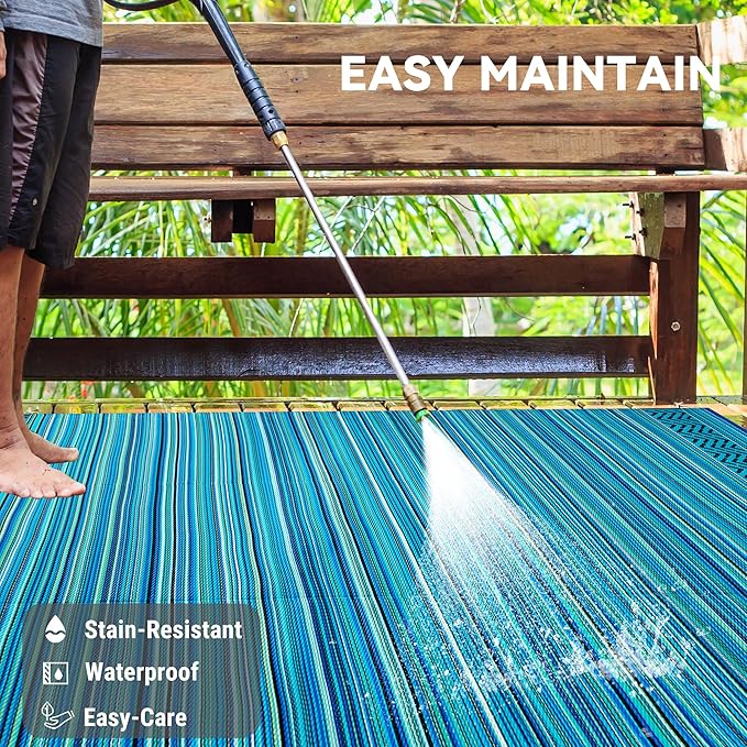 Reversible Outdoor/Indoor Plastic Rug Plastic Straw Rug Waterproof Portable Mat, Easy to Clean and Fold,Perfect for Garden, Patio, Picnic, Decking-（Sky Blue,8x10Ft）