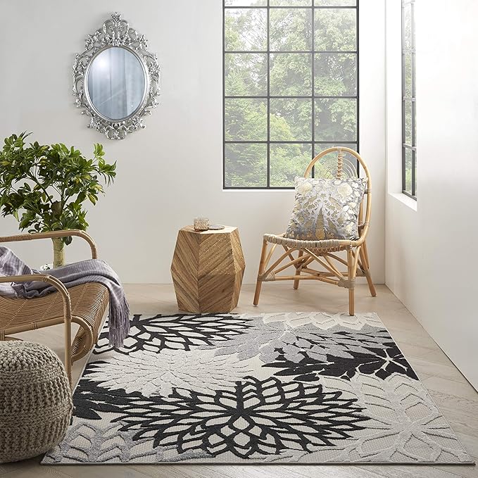 Nourison Home Aloha Indoor/Outdoor Black White 3'6" x 5'6" Area Rug, Tropical, Botanical, Easy Cleaning, Non Shedding, Bed Room, Living Room, Dining Room, Deck, Backyard, Patio (3x5)