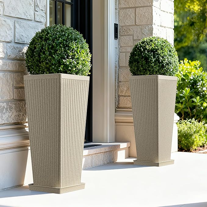 Tapered Tall Planters for Outdoor Plants 2 Pack- 23.6 Inch Heavy-Duty Classic Square Indoor Flower Pots with Drainage Holes/Partition/Tray, Large Outdoor Planters for Porch Patio, Beige