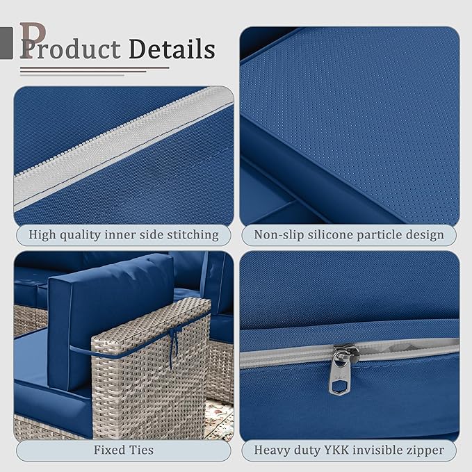 Outdoor Cushions for Patio Furniture with 5 Pillows, Waterproof Patio Furniture Cushions Replacement, 4" Deep Seat Outdoor Sectional Cushions for 4-seat Patio Furniture Chair Sofa Couch,Blue
