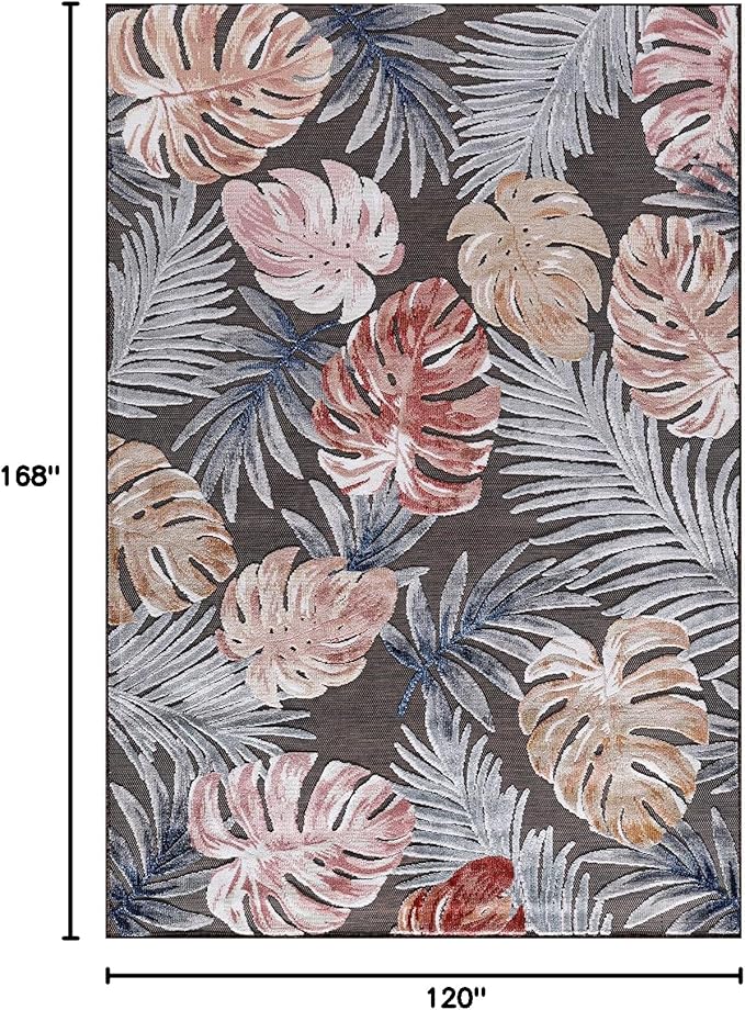 CAMILSON Indoor Outdoor Rug, Brown 10’x14’ Leaf Tropical Botanical Area Rugs for Indoor and Outdoor patios, Easy-Cleaning Non-Shedding Living Room, Garden and Kitchen Washable Outside Carpet (10x14)