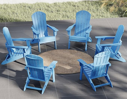 Plawdlik Folding Adirondack Chair Set of 6 with Cup Holder，Wooden Textured ，Heavy All-Weather HDPE Comfortable Set Poolside Backyard Lawn, Light Blue