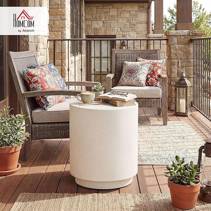 HOMCOM Outdoor Side Table, Round Small End Table with Concrete Finish for Indoor, Patio, Backyard, Pool, Porch, Garden, Lawn, Cream White