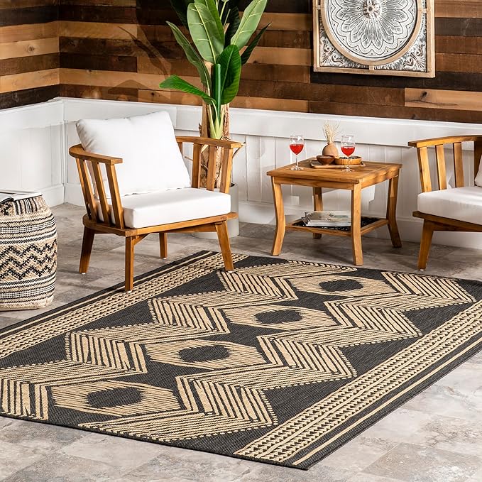 nuLOOM 2' x 3' Outdoor Tribal Geometric Area Rug, Stain Resistant, Weather Resistant, High Traffic, Patio, Balcony, Outside, Ranya Dark Grey