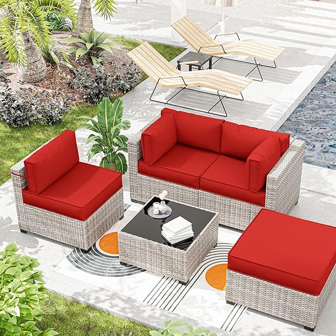 Outdoor Cushions for Patio Furniture with 5 Pillows, Waterproof Patio Furniture Cushions Replacement, 4" Deep Seat Outdoor Sectional Cushions for 4-seat Patio Furniture Chair Sofa Couch,Red