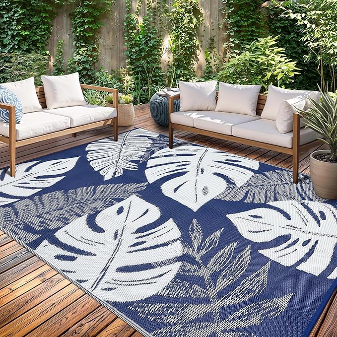 Waterproof Plastic Straw Outdoor Rug 9x18 Patio Reversible UV Resistant Foldable Camping Carpet Modern Leaf Print Large Outdoor Rugs for Deck, Porch, Camper, Balcony, Beach，Navy/White