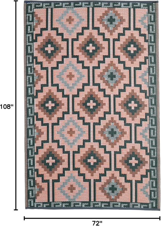 Fab Habitat Outdoor Rug - Waterproof, Fade Resistant, Crease-Free, Reversible - Premium Recycled Plastic - Vintage Boho Kilim - Large Patio, Deck, Sunroom, Camping, RV - Lhasa - Green - 6 x 9 ft