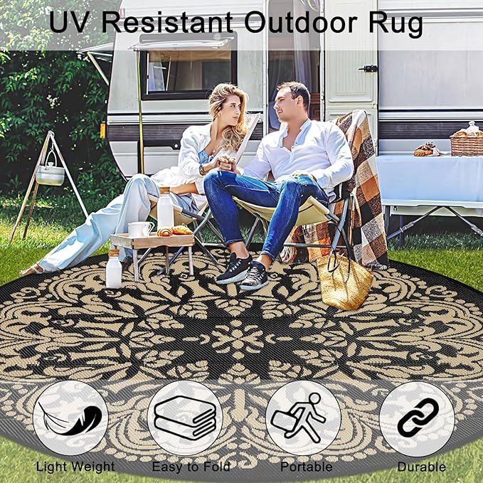 Homcomoda 8Ft Round Bohemian Mandala Outdoor Patio Area Rug, Black/Brown, Waterproof, Low Pile, Machine Made