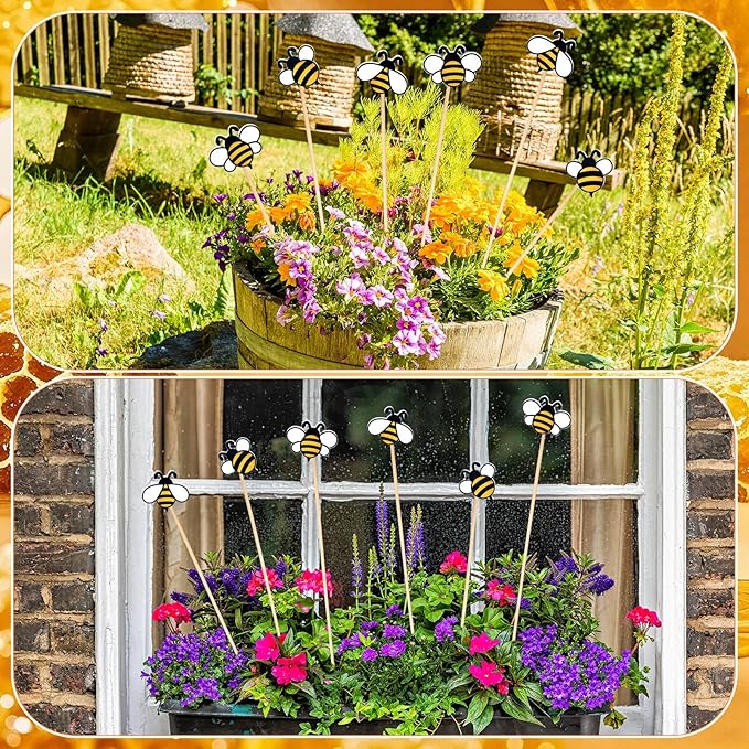 6 Pcs Wood Bee Garden Stakes Decor Yard Art Ornaments Front Yard Art Stick for Spring and Summer Indoor and Outdoor Lawn Path Terrace Flower Pots Festival Events
