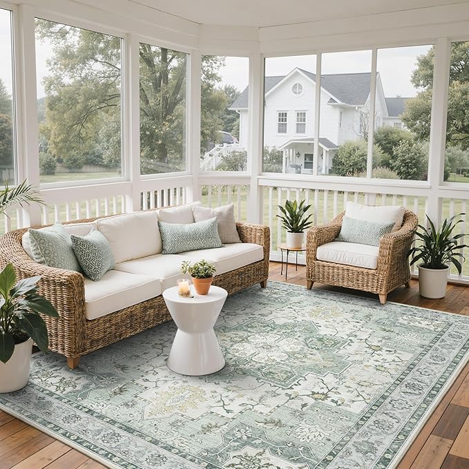 GENIMO Outdoor & Indoor Area Rug 8'x10', Waterproof, Non-Shedding, Easy Cleaning, Boho Mat for Patio, Living Room, Balcony, Dining Room, RV, Deck, Bedroom, Camping, Outside Carpet,Light Green