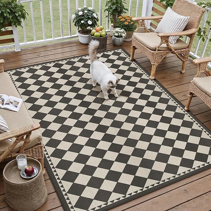 HUGEAR 3x5 Outdoor Rug Black/Beige Linen-Look Fabric Checkered Area Rug High Traffic Stain Resistant Easy Clean Durable Rugs for Indoor/Outdoor Patio Deck Balcony Porch Garden Courtyard