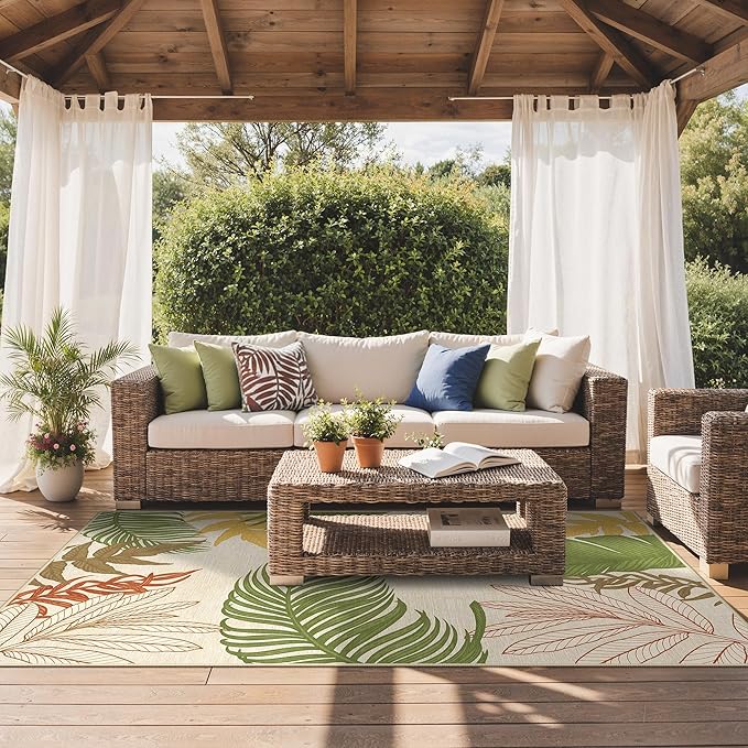 GENIMO Outdoor & Indoor Area Rug 5'x8', Waterproof, Non-Shedding, Easy Cleaning, Leaf Mat for Patio, Living Room, Balcony, Dining Room, RV, Deck, Bedroom, Camping, Outside Carpet, Olive Mustard