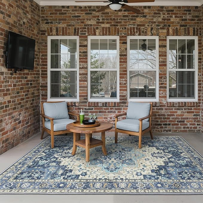 GENIMO Outdoor & Indoor Area Rug 4'x6', Waterproof, Non-Shedding, Easy Cleaning, Boho Mat for Patio, Living Room, Balcony, Dining Room, RV, Deck, Bedroom, Camping, Outside Carpet,Center Blue