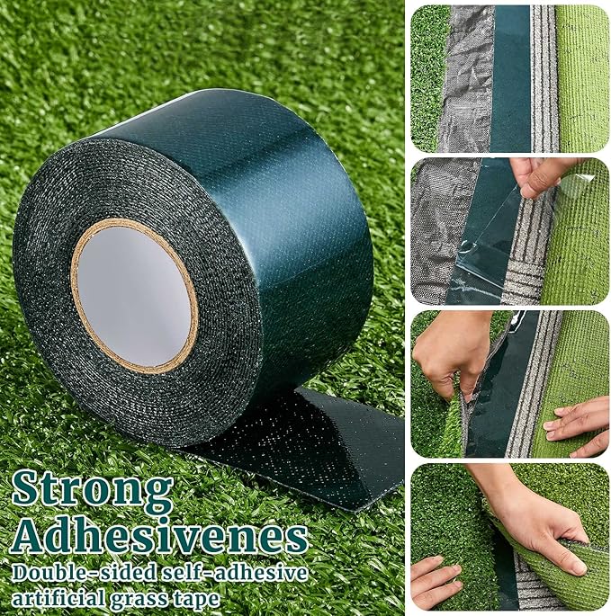 4 Rolls 2 in x 16.5 ft Double Sided Turf Tape Artificial Grass Tape Self Adhesive Grass Rug Tape Artificial Turf Tape for Lawn Garden Carpet Connecting Outdoor Carpet