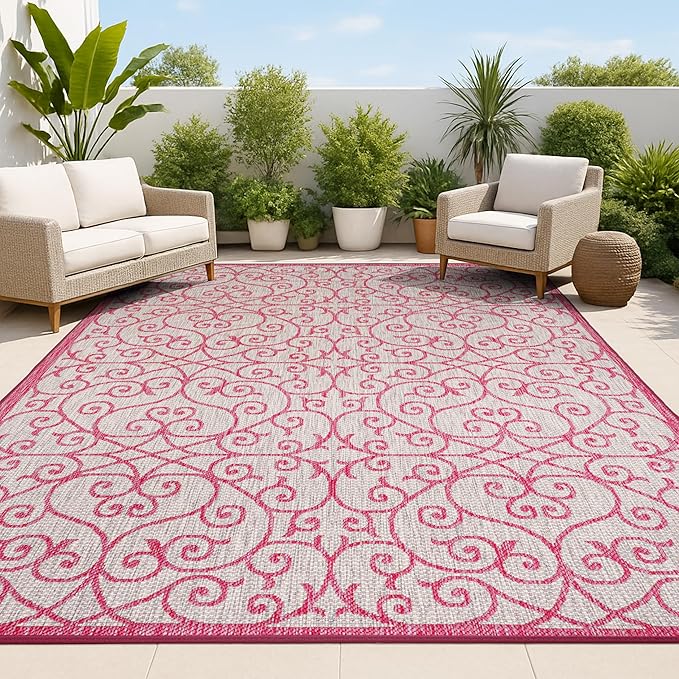 JONATHAN Y Vintage Filigree Indoor Outdoor Area Rug 5X8 Light Gray/Fuchsia, Madrid Textured Weave for Backyard, Patio, Porch, Easy-Cleaning, High Traffic, Pet-Friendly, Non-Shedding (SMB107I-5)