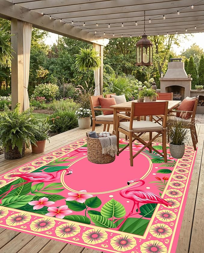 Flamingo Themed Patio Rug Double Layer Flower Border Design Outside Carpet 6x9 Green Pink Floral Waterproof Indoor Outdoor Rugs for Porch Balcony Deck Garden RV Camping Living Room Bedroom