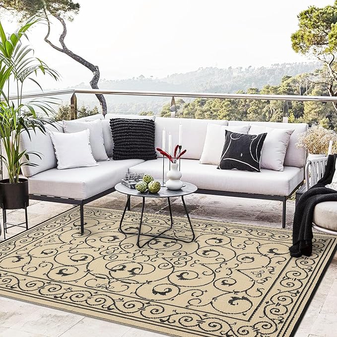 MilleLoomi 9x12 Outdoor Rug Waterproof Foldable Plastic Straw Carpet for Patio Porch Vintage Reversible Mat Lightweight Floor Mat for Picnic, Backyard, Rv, Beach, Deck, Camper, Balcony，Black Beige