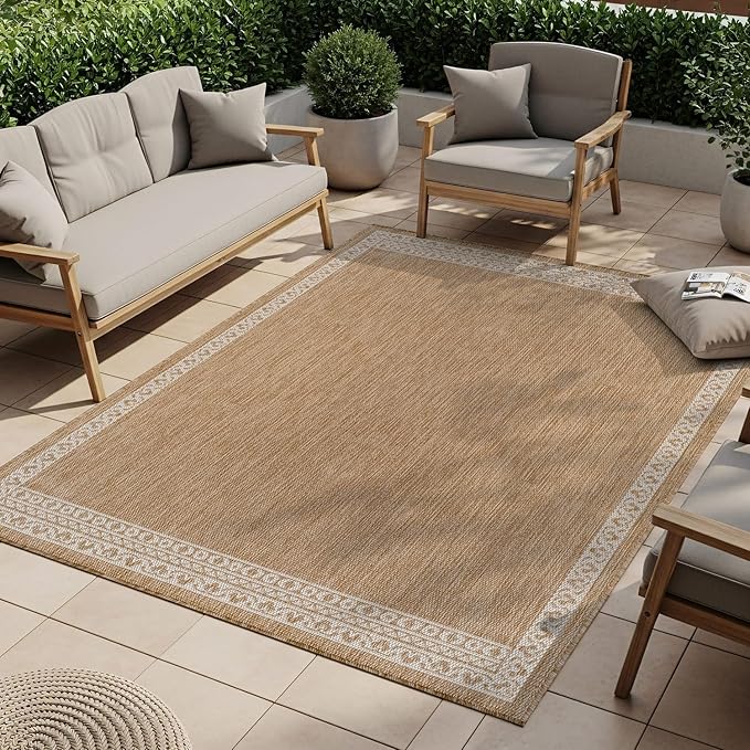 Washable Outdoor Rug 9x12 Modern Area Rugs Outdoor Carpets Bordered Pattern Non Shedding Waterproof Easy Clean Patio Deck Porch Living Room Bedroom Garden RV (9 X 12 Natural)