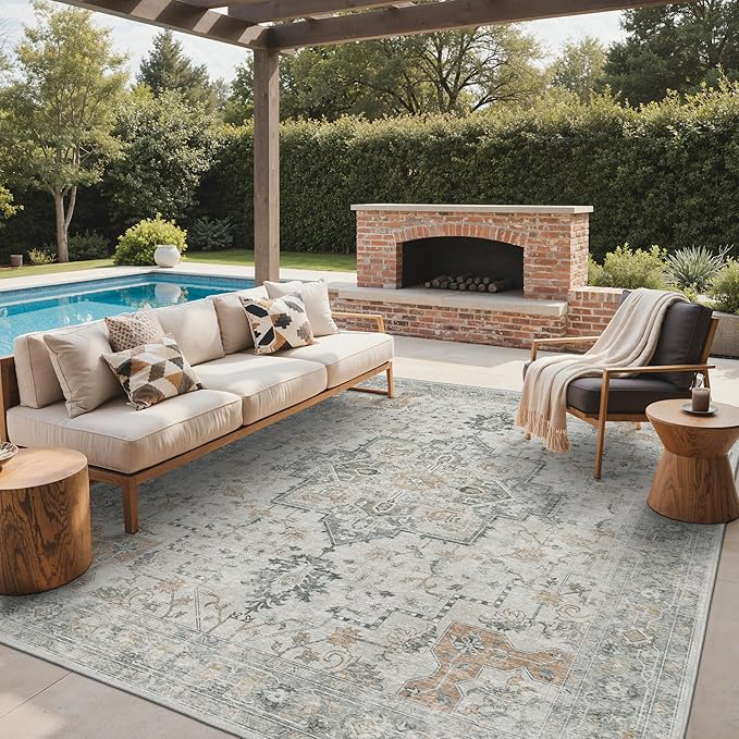 GENIMO Outdoor & Indoor Area Rug 9'x12', Waterproof, Non-Shedding, Easy Cleaning, Boho Mat for Patio, Living Room, Balcony, Dining Room, RV, Deck, Bedroom, Camping, Outside Carpet,Light Grey Brown