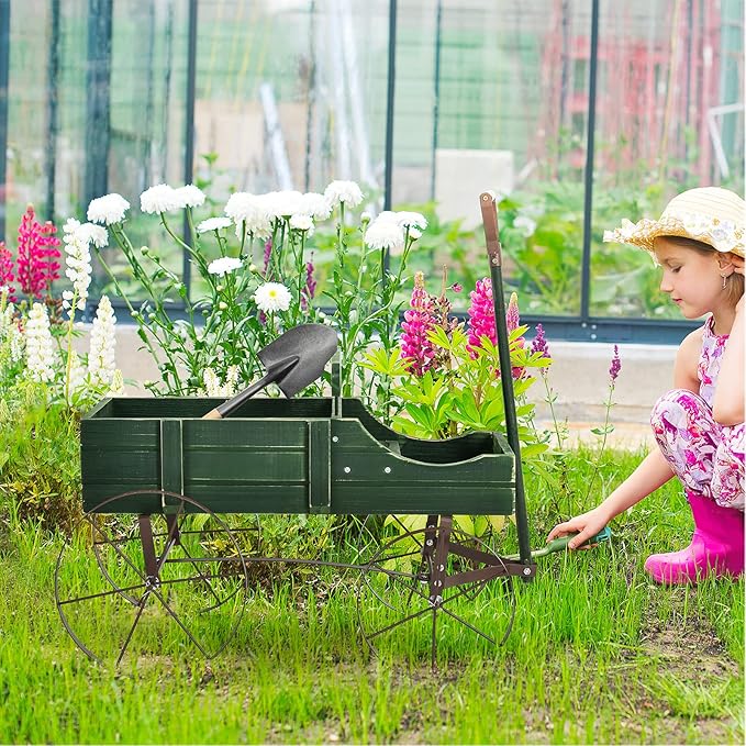 Wooden Wagon Planter with Wheels, Indoor/Outdoor Flower Cart w/Dual-Compartment & Adjustable Handle, Decorative Garden Planter for Home, Yard, Wedding (Green)