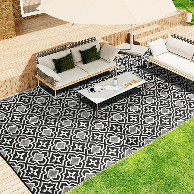Outdoor Rug 9x18 Waterproof Large Outdoor Rug Camping Rug Reversible Rv Mats Black Gray Outdoor Plastic Straw Rug Tightly Woven Rugs Clean Easily Large Patio Mat for RV, Deck, Camping Rv Essentials