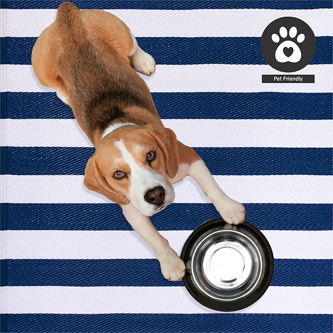 FH Home Outdoor Rug - Waterproof, Fade Resistant, Reversible - Premium Recycled Plastic - Striped - Porch, Deck, Balcony, Mudroom, Laundry Room, Patio - Brittany - Blue & White Crease Free - 3 x 5 ft