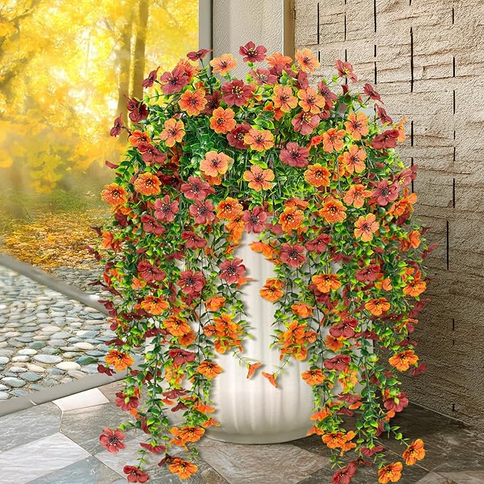 4Pcs Artificial Flowers Hanging Garden Decoration Outdoors Fall Realistic Plants Silk Flower Autumn Fake Flowers for Porch Patio Balcony Planter Yard (Dark Red+Orange)