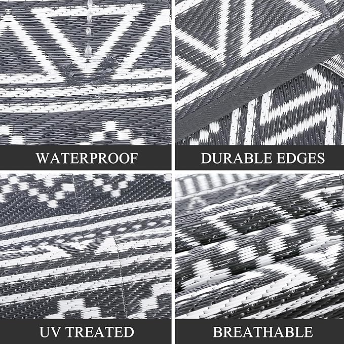 GarveeLife Outdoor Patio Rug 9x18 Waterproof Plastic Straw Rug, Reversible UV Resistant Foldable Camping Carpet Portable Outdoor Rug for Rv, Backyard, Grey & White