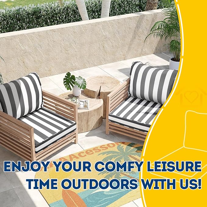 AAAAAcessories Outdoor Seat Cushions for Chairs, Fade-Resistant, Waterproof Patio Furniture Replacement Cushions, 24" x 24" x 5" + 24" x 19", Gray Cabana Stripe