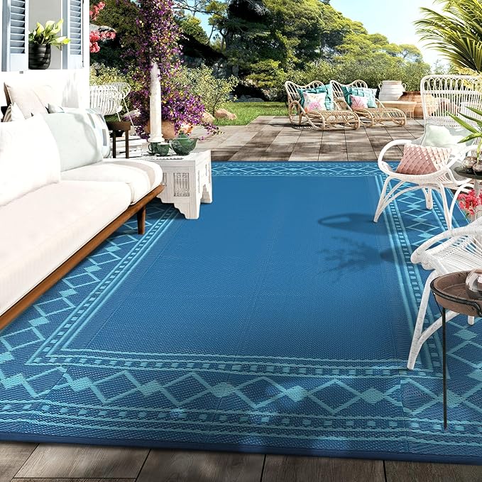 Garvee Outdoor Rug 9x18 ft, Patio Plastic Straw Rug Waterproof Reversible Patio Mat, Large Plastic Straw Rug for RV, Camping, Deck, Balcony, Easy Clean & Portable,Green/Blue