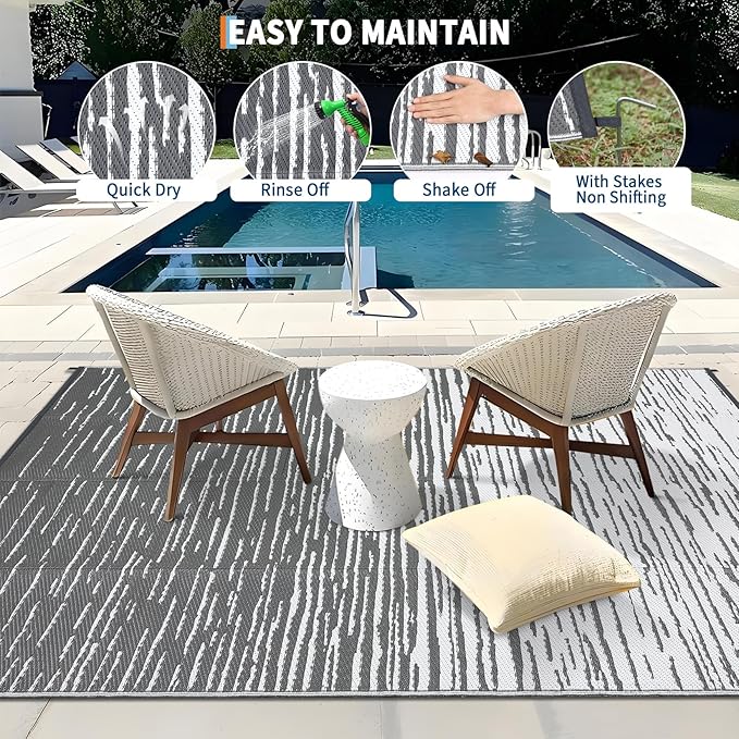 Outdoor Rug 6x9 Waterproof Patio Rugs Abstarct Line Reversible Mat for Front Door Rv Foldable Plastic Straw Carpet for Travel Trailers, Deck, Picnic, Porch, Camper, Balcony, Beach，Grey