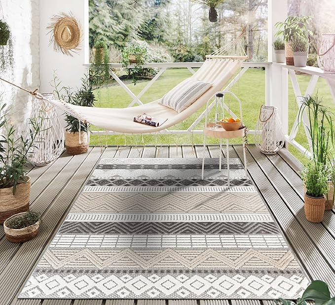 Rugshop Marbella Contemporary Boho Non-Shedding Easy Cleaning Patio Deck Backyard Indoor/Outdoor Area Rug 7'10" x 10' Gray