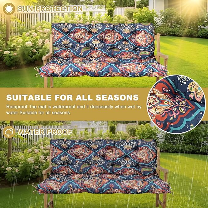 60" Porch Swing Cushion with Backrest, Waterproof Outdoor Bench Swing Cushions 3 Seater Replacement Thickened Swing Cushions with Ties for Patio Garden Backyard,Bohemian,60x40in