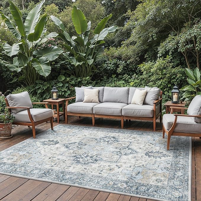GENIMO Outdoor & Indoor Area Rug 9'x12', Waterproof, Non-Shedding, Easy Cleaning, Boho Mat for Patio, Living Room, Balcony, Dining Room, RV, Deck, Bedroom, Camping, Outside Carpet,Blue