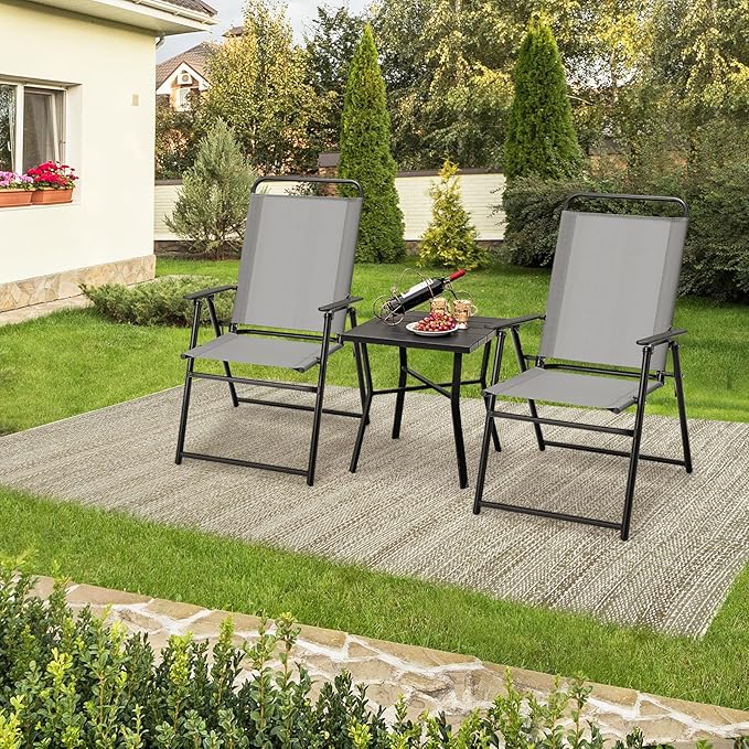 Giantex Patio Chairs Set of 4, Outdoor Folding Chairs with Armrests, Metal Frame, Outside Foldable Dining Chairs for Lawn Deck Porch Beach Yard (Gray & Black)