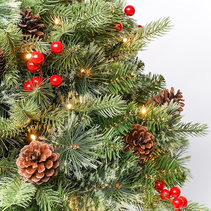Christmas Planter Filler Tree Outdoor Prelit 2 Pack, 24" Urn Fillers for Porch Planters Pathway Battery Operated Light Red Berry Pine Cone, Xmas Greenery Outside Decorations