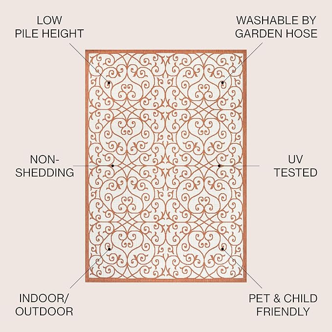 JONATHAN Y Vintage Filigree Indoor Outdoor Area Rug 9X12 Cream/Orange, Madrid Textured Weave for Backyard, Patio, Porch, Easy-Cleaning, High Traffic, Pet-Friendly, Non-Shedding (SMB107L-9)