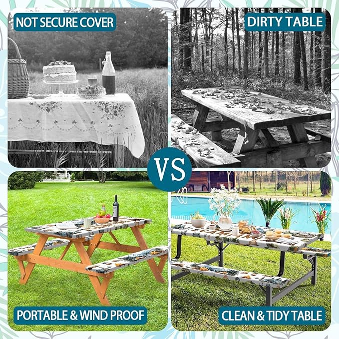 Picnic Table Cover with Bench Covers Camping Tablecloth Fitted Picnic Picnic Table Cover with Elastic Windproof Waterproof, Outdoor & Garden Camping Accessories Essentials 60In 3PCS
