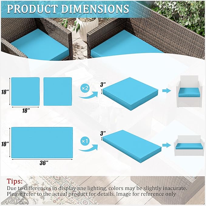 3 Pack Outdoor Replacement Cushions,36L x 18W x 3H,18L x 18W x 3H inch, High-Elastic Replacement Sponge for 4-Seater Water-Resistant Patio/Sofa with Removable Covers (Lake Blue)