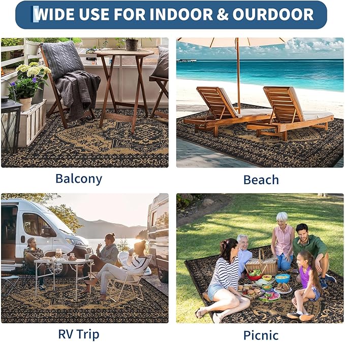 COZYLOOM Waterproof Outdoor Rug 9x12 Reversible Patio Rug Plastic Straw Mat, Vintage Medallion Carpet, Indoor Outdoor RV Mat for Deck, Balcony, Camping, Porch, Beach, Picnic, Black&Brown