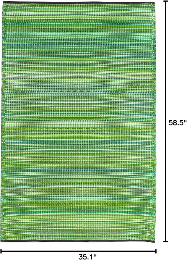 Fab Habitat Outdoor Rug - Waterproof, Fade Resistant, Crease-Free - Premium Recycled Plastic - Striped - Porch, Deck, Balcony, Mudroom, Laundry Room, Patio - Cancun - Green - 3 x 5 ft