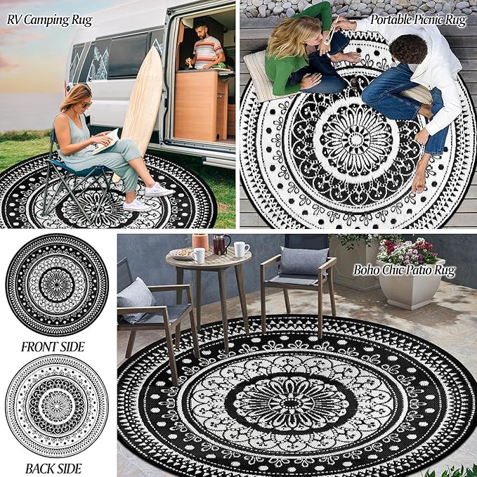Cekene Reversible Outdoor Rugs 6Ft Round Patio Rugs Lightweight Plastic Straw Rug Waterproof RV Camping Mat Portable Area Rug for Patio Deck Porch Picnic Beach BBQ Garden