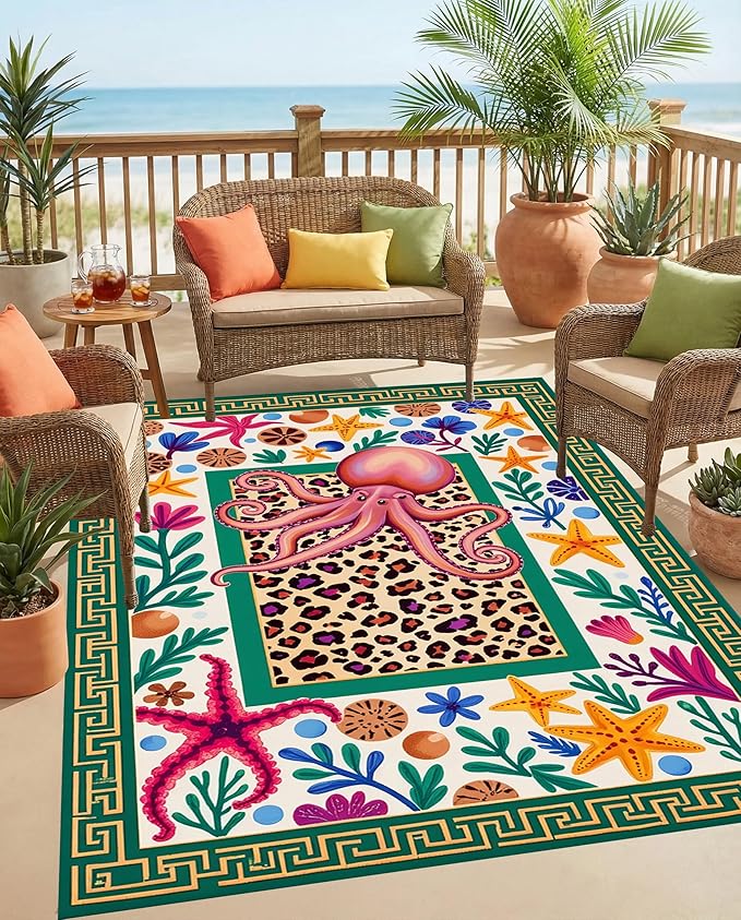 2x3 Octopus Leopard Print Ocean Outdoor Rug for Patio Deck Garden Poolside Porch Balcony Double Layer 3D Border Carpet Unique Waterproof Backyard Lawn RV Camping Outside Rugs Turquoise Pink