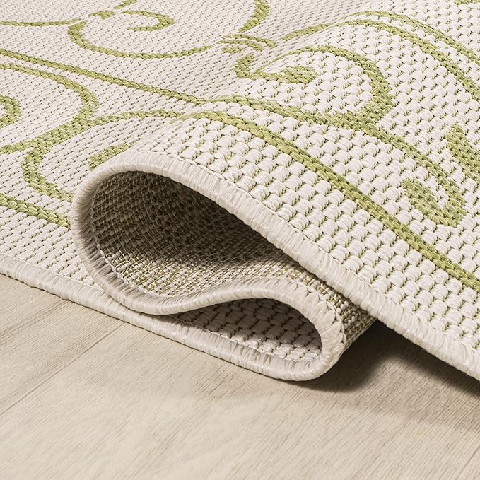 JONATHAN Y Vintage Filigree Indoor Outdoor Round Area Rug 5 Ft Cream/Green, Charleston Textured Weave for Backyard, Patio, Porch, Easy-Cleaning, High Traffic, Pet-Friendly, Non-Shedding (SMB106I-5R)