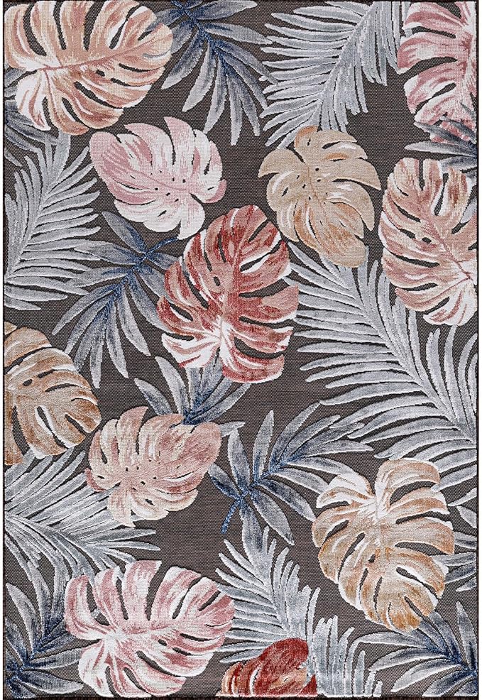 CAMILSON Indoor Outdoor Rug, Brown 10’x14’ Leaf Tropical Botanical Area Rugs for Indoor and Outdoor patios, Easy-Cleaning Non-Shedding Living Room, Garden and Kitchen Washable Outside Carpet (10x14)