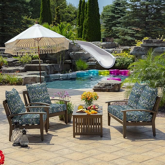 Arden Outdoor Foam Deep Seat Cushion Set, 24 in x 24 in, Weather-Proof, Rain-Proof, Fade Resistant Patio Cushion, Bottom and Back Cushion for Chair, Sofa, and Couch Sapphire Aurora Blue Damask