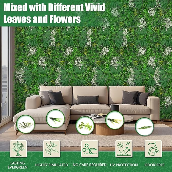 20"x20" Grass Wall Panels, 12PCS Artificial Greenery Backdrop Wall with UV Resistant Leaves, Faux Green Wall Decor for Outdoor Indoor Patio Garden Backyard